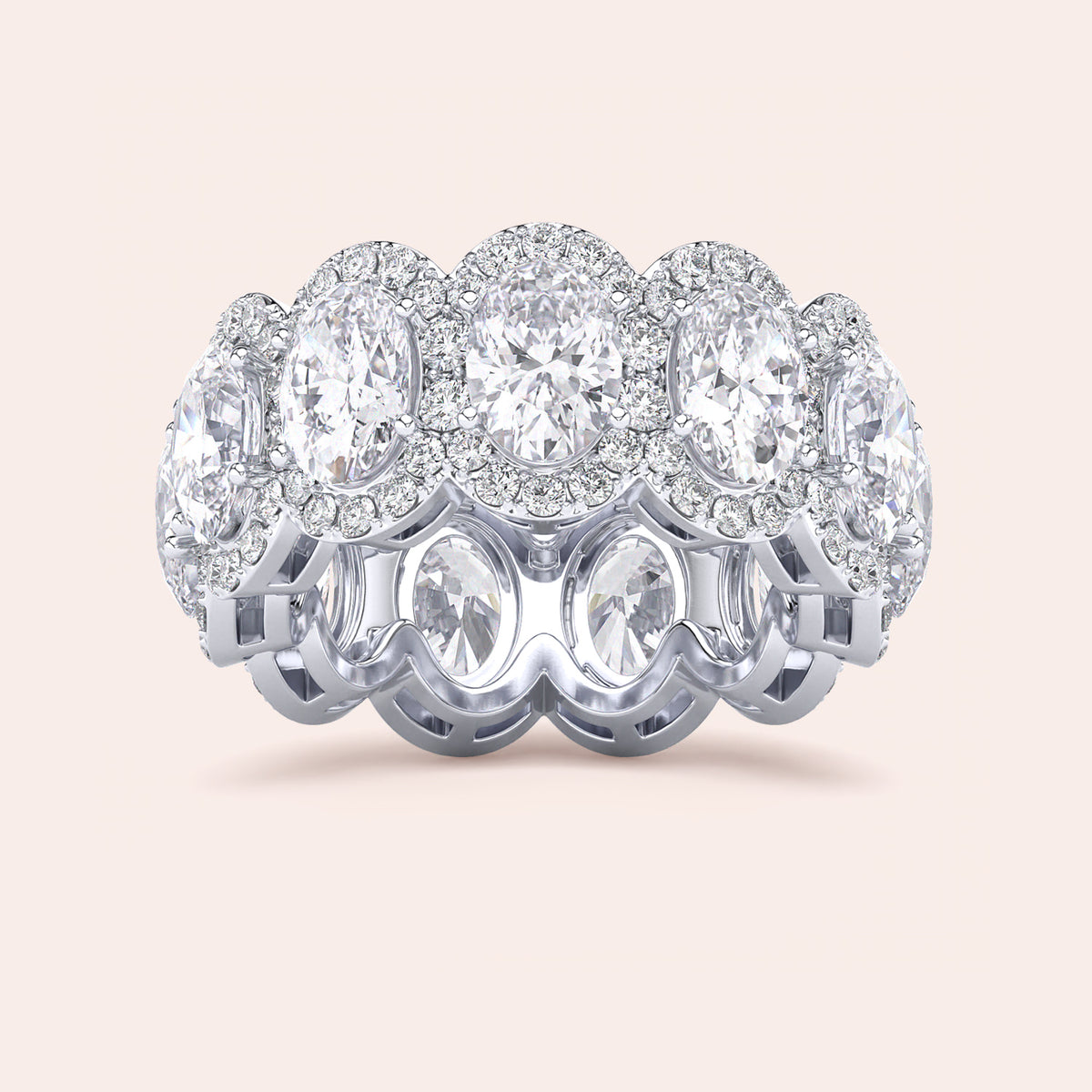 Elegant white gold wedding band featuring an oval eternity trellis design, available in 14K or 18K gold or platinum. 