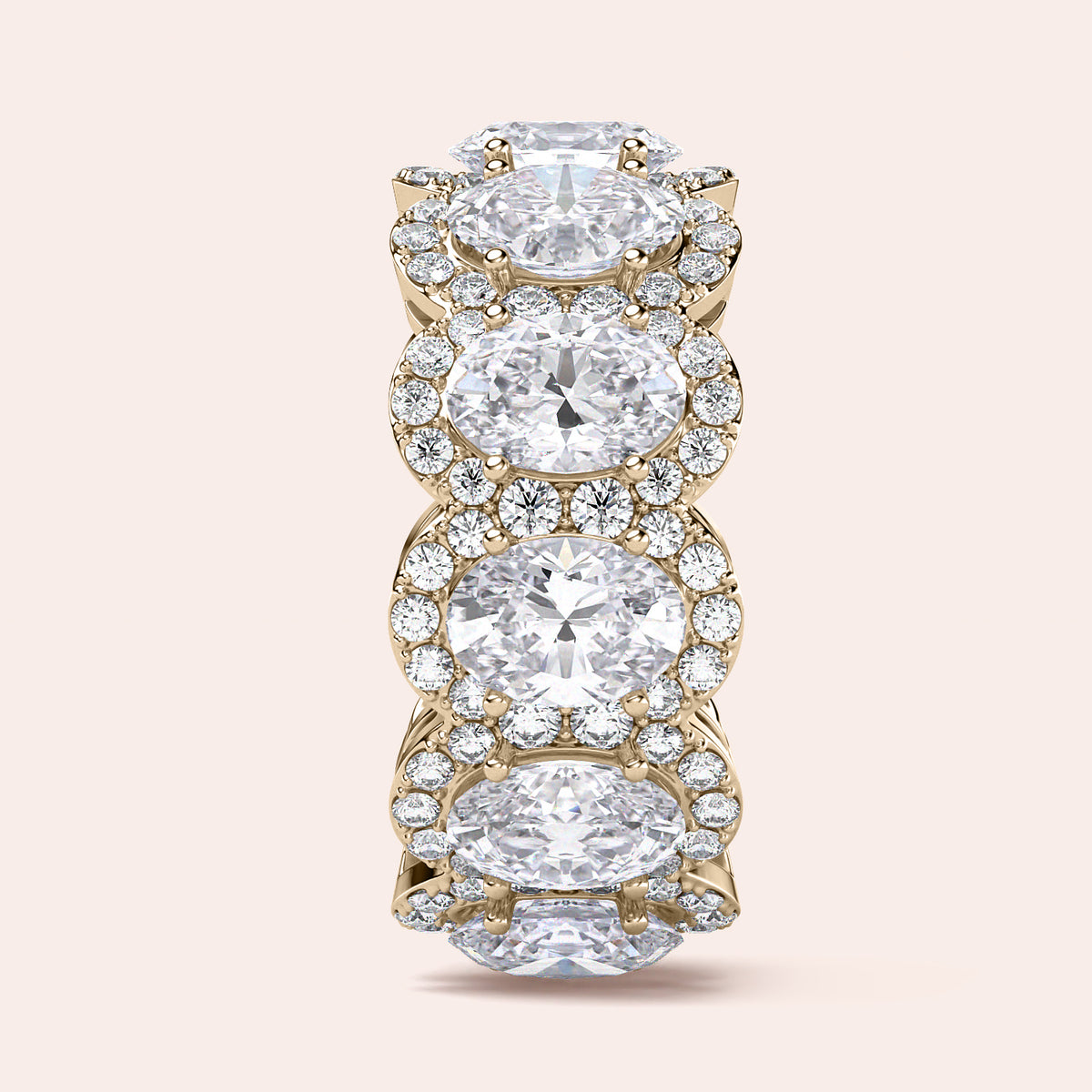 Elegant 14K or 18K yellow gold eternity wedding band featuring marquise-cut diamonds in a trellis design, showcasing exquisite craftsmanship.