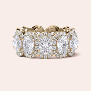 Elegant 14K or 18K yellow gold eternity wedding band featuring marquise-cut diamonds in a trellis design, showcasing exquisite craftsmanship. 