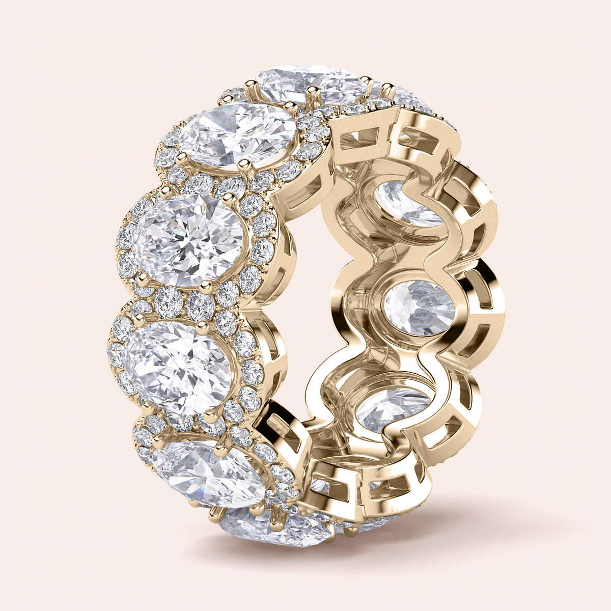 Elegant 14K or 18K yellow gold eternity wedding band featuring marquise-cut diamonds in a trellis design, showcasing exquisite craftsmanship. 