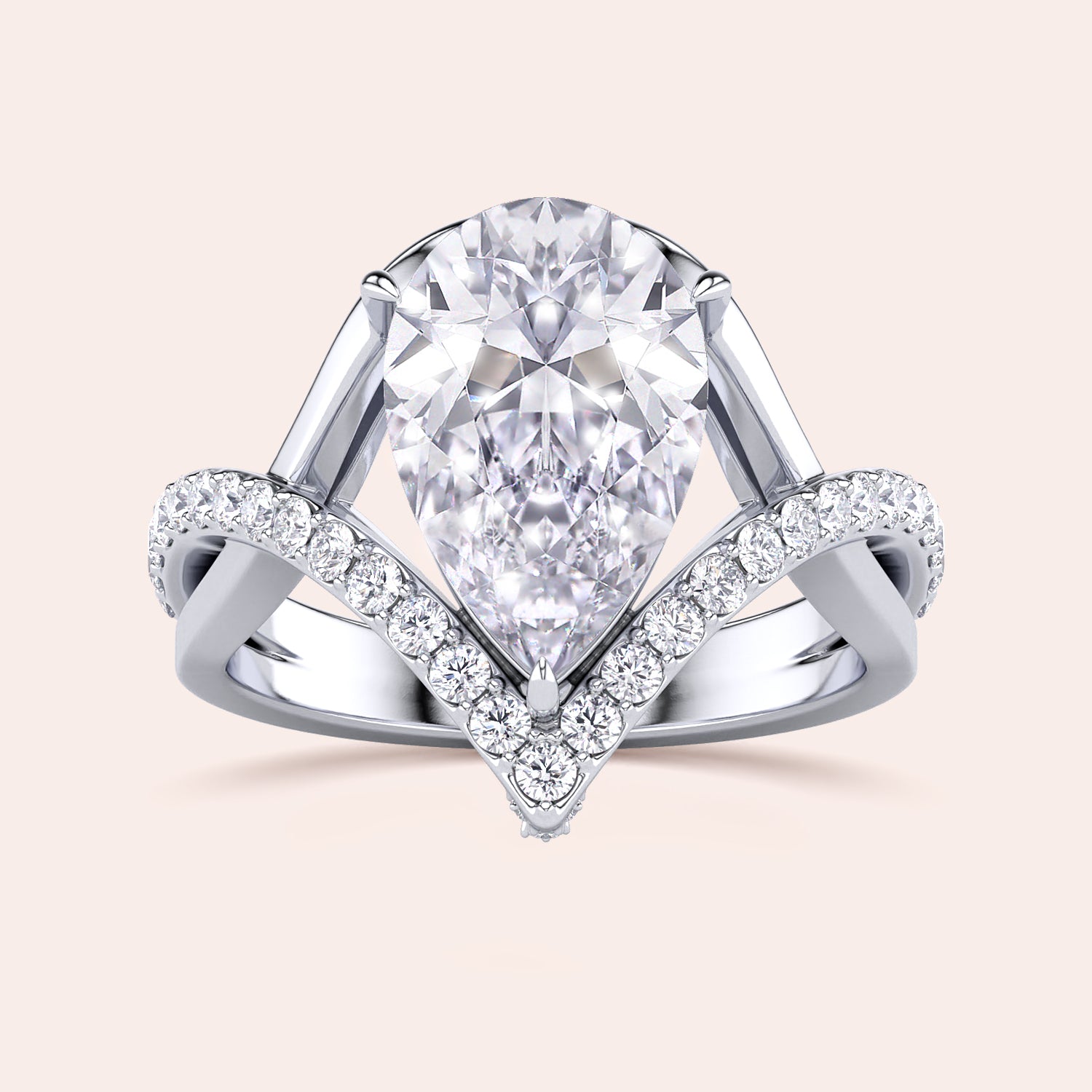 Stunning 14K, 18K, or platinum ring with a pear-shaped diamond and smaller accent diamonds for added brilliance.|

#14KRecycledWhiteGold
#18KRecycledWhiteGold
#Platinum







