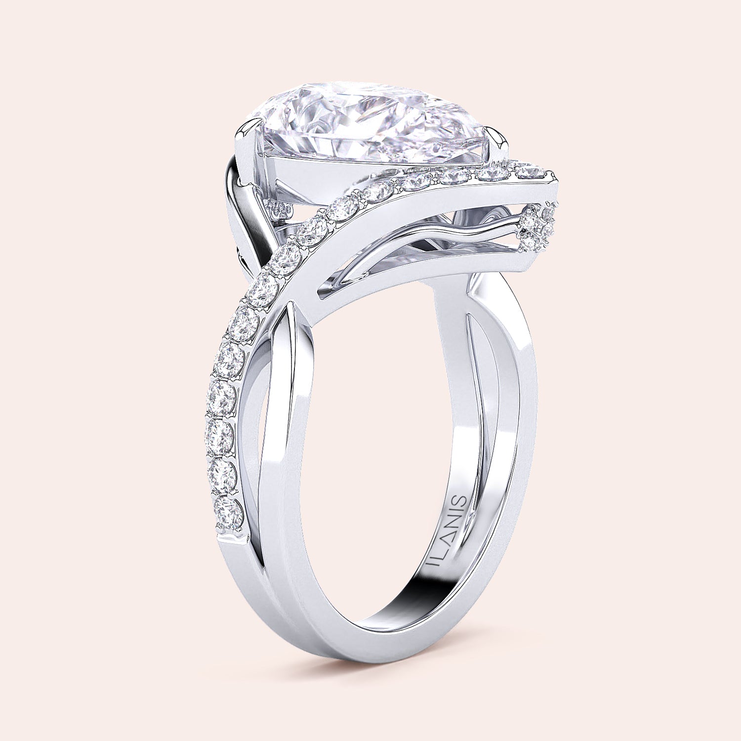 Elegant 14K or 18K gold or platinum ring featuring a stunning oval diamond in an intricate band with smaller diamonds.|

#14KRecycledWhiteGold
#18KRecycledWhiteGold
#Platinum






