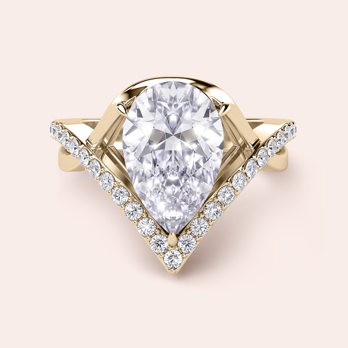 Pear-shaped diamond ring in 14K/18K gold or platinum, featuring a unique V-shaped design and diamond-adorned band. Perfect for engagements.