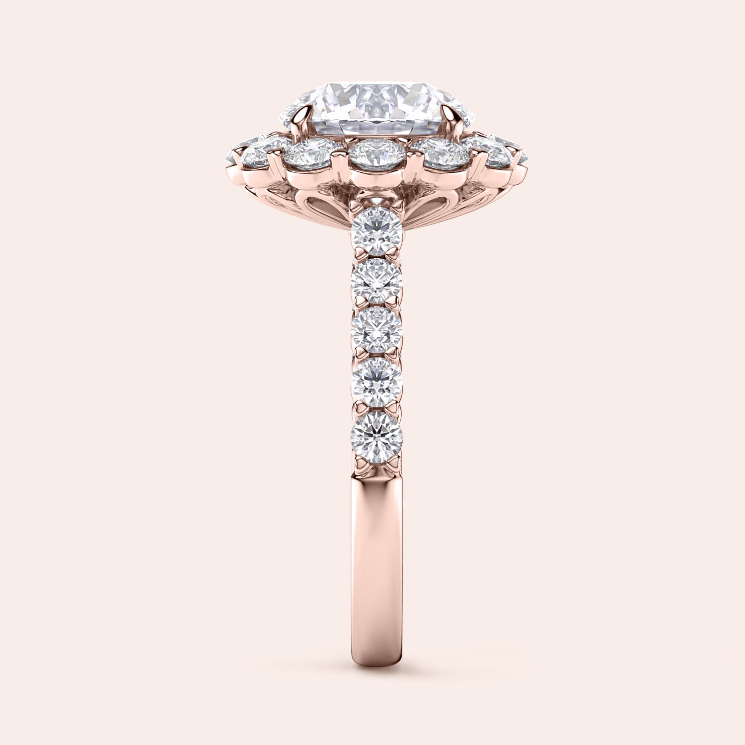 Elegant rose gold ring featuring an emerald-cut diamond surrounded by a halo of round diamonds, in 14K or 18K gold or platinum.|



#14KRecycledRoseGold
#18KRecycledRoseGold

