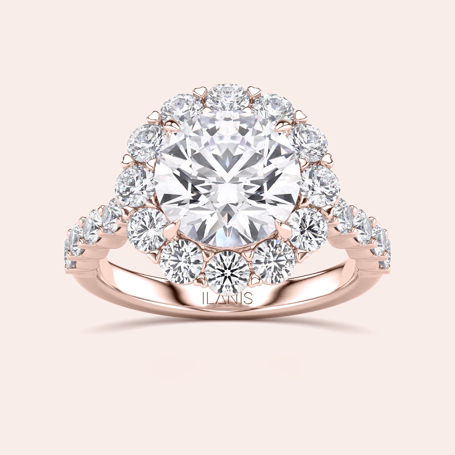 Rose gold diamond halo engagement ring with a round diamond center, accented with sparkling diamonds. Available in 14K, 18K, or platinum.|



#14KRecycledRoseGold
#18KRecycledRoseGold

