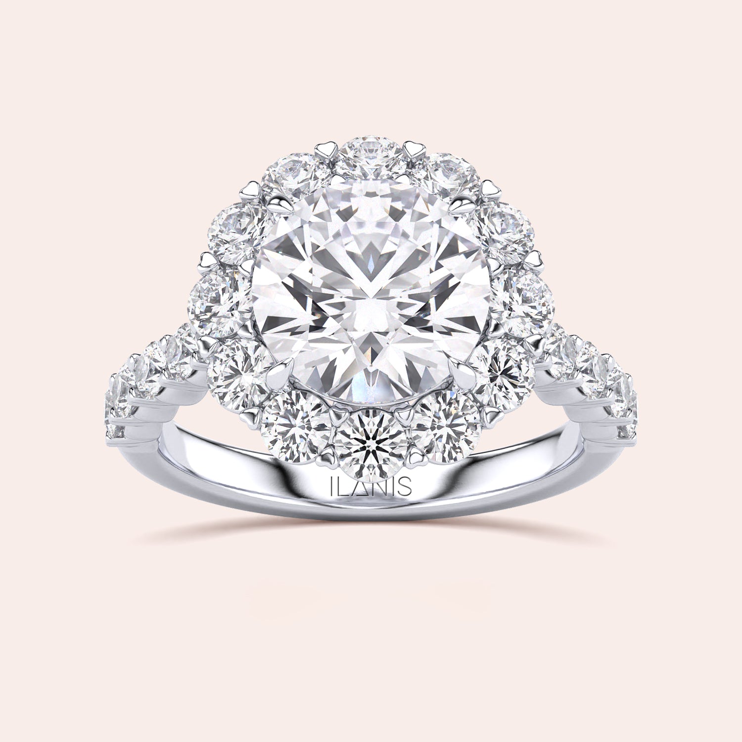 Luxurious round-cut diamond halo engagement ring in 14K, 18K gold, or platinum with a stunning cluster of smaller diamonds.|

#14KRecycledWhiteGold
#18KRecycledWhiteGold
#Platinum






