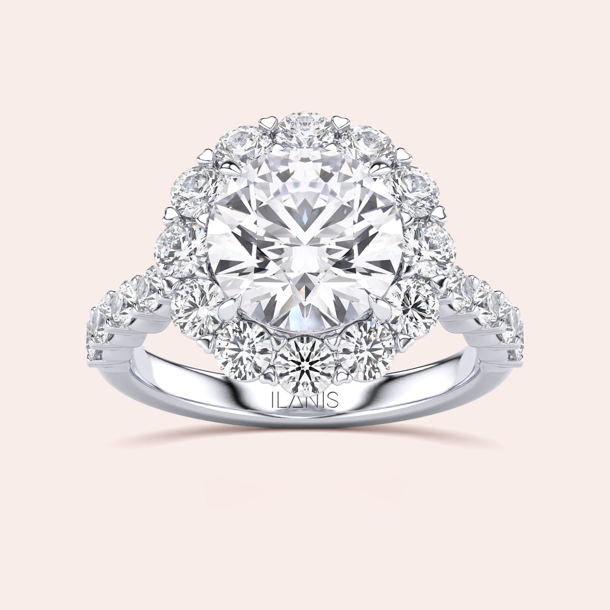 Luxurious round-cut diamond halo engagement ring in 14K, 18K gold, or platinum with a stunning cluster of smaller diamonds.