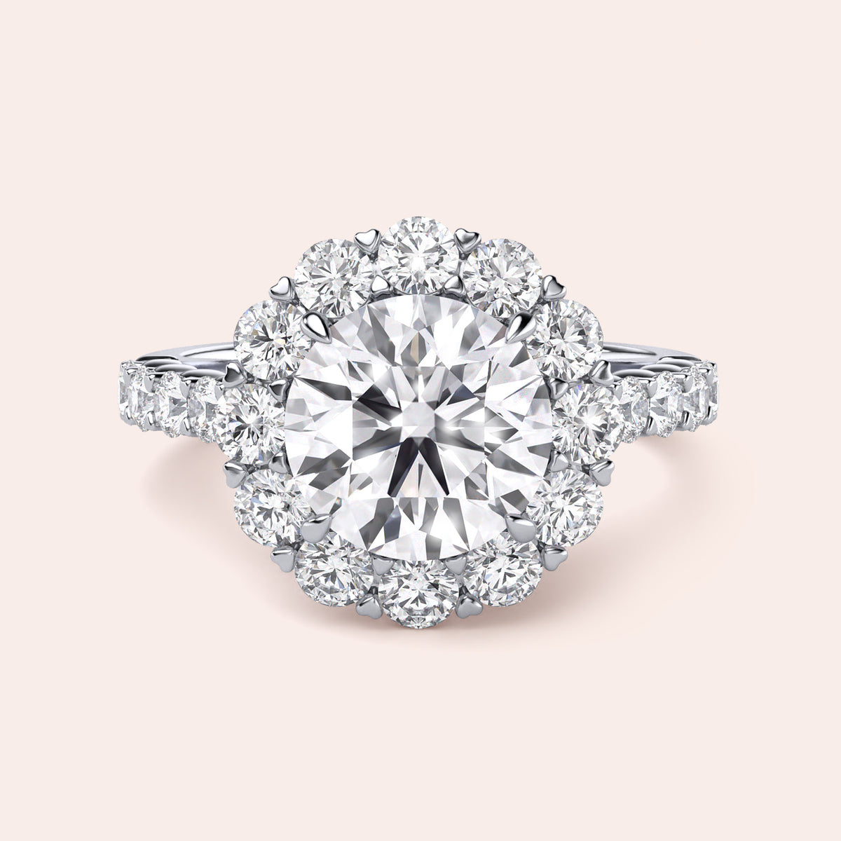 Elegant flower-shaped diamond ring with a round diamond centerpiece in a 14K or 18K white gold or platinum band, not worn.