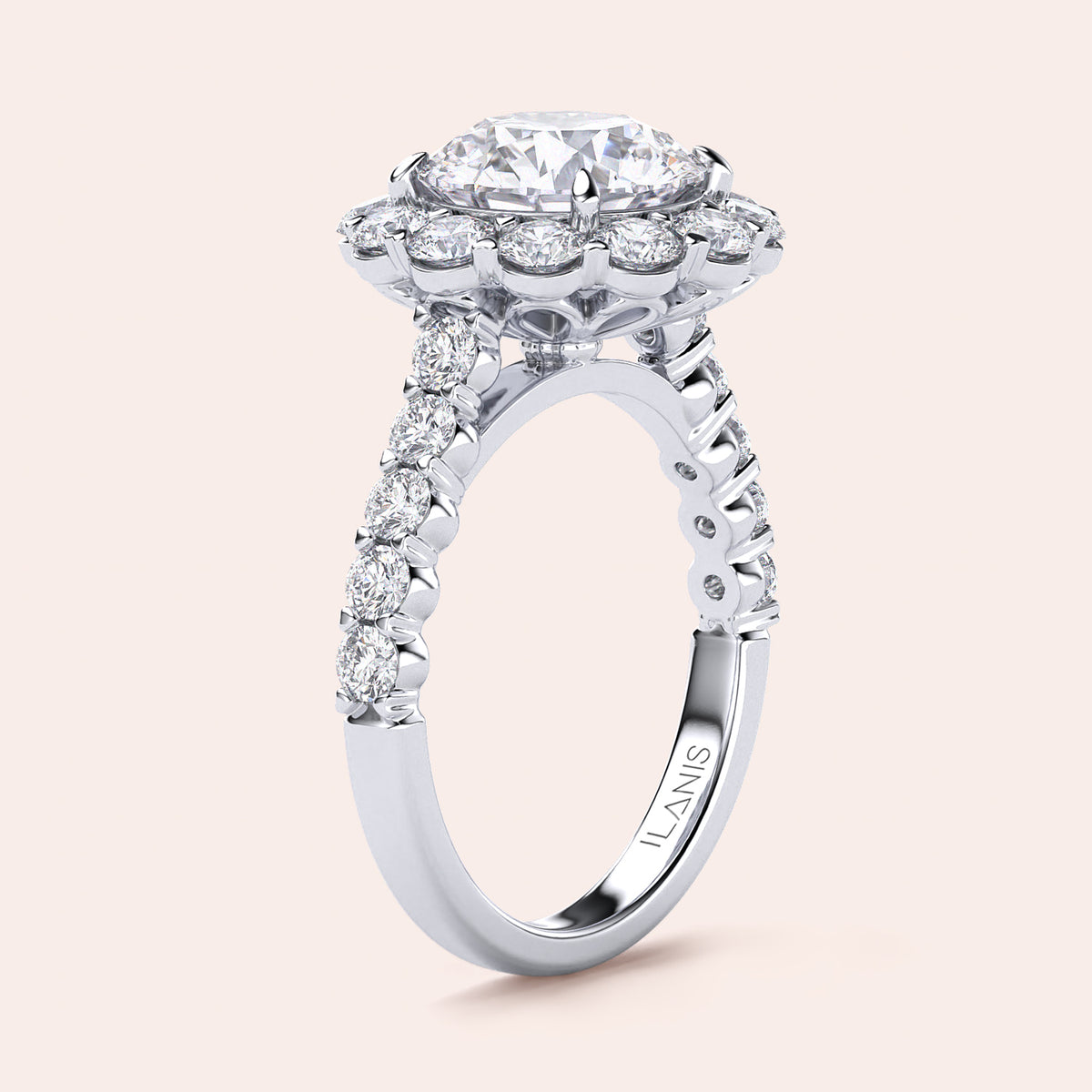 Elegant round diamond halo engagement ring in 14K/18K gold or platinum with a stunning central diamond and diamond-encrusted band.