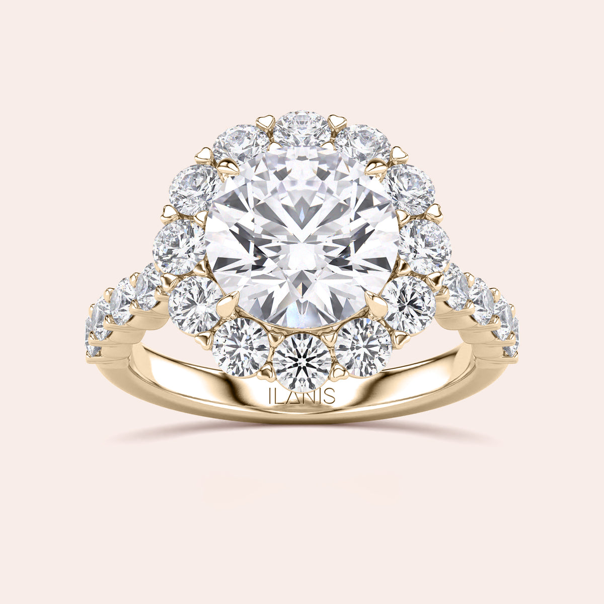 Elegant 14K or 18K gold halo engagement ring with a dazzling diamond centerpiece and sparkling diamonds, perfect for timeless beauty.
