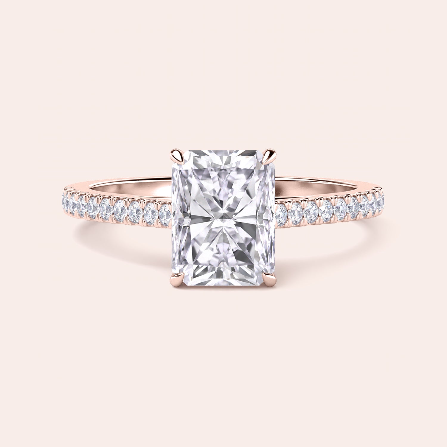 Elegant engagement ring with a radiant-cut diamond, set in a pave band, crafted from 14K or 18K rose gold or platinum.|



#14KRecycledRoseGold
#18KRecycledRoseGold

