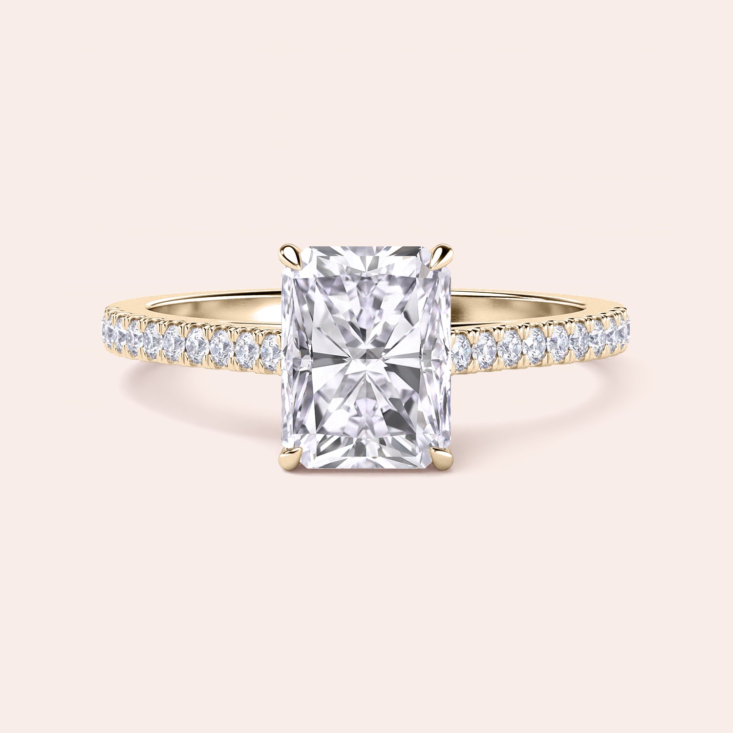 Elegant radiant-cut diamond engagement ring in classic yellow gold, available in 14K and 18K, featuring a stunning diamond-studded band.|





#14KRecycledYellowGold 
#18KRecycledYellowGold 