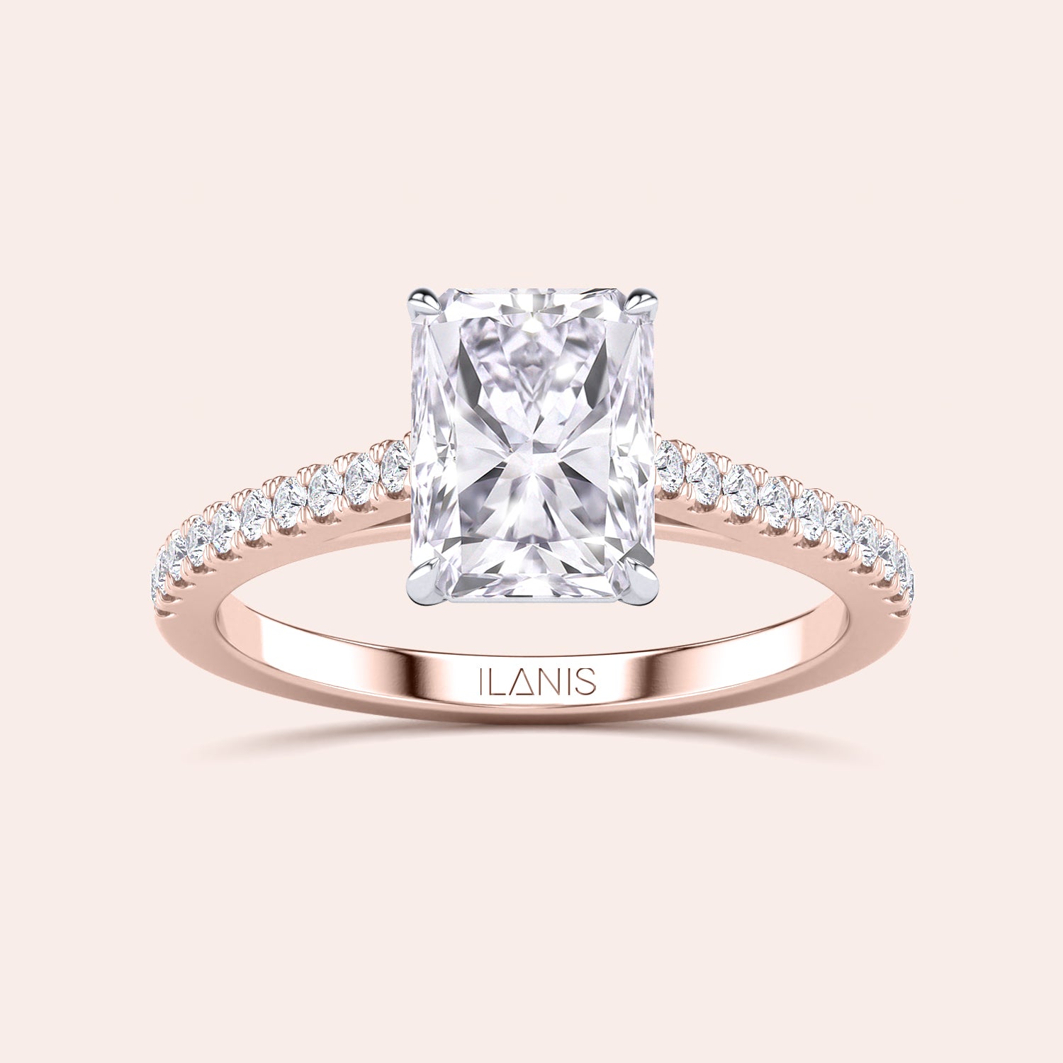 Two-tone 14K or 18K rose and white gold engagement ring featuring a grey radiant-cut diamond in a cathedral setting. |
#14KRecycledRose/WhiteGold
#18KRecycledRose/WhiteGold