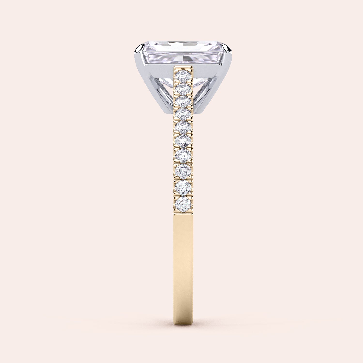 Two-tone 14K/18K gold diamond ring featuring a radiant-cut stone in a cathedral setting with pave band, perfect for engagement. |
#14KRecycledYellow/WhiteGold
#18KRecycledYellow/WhiteGold 