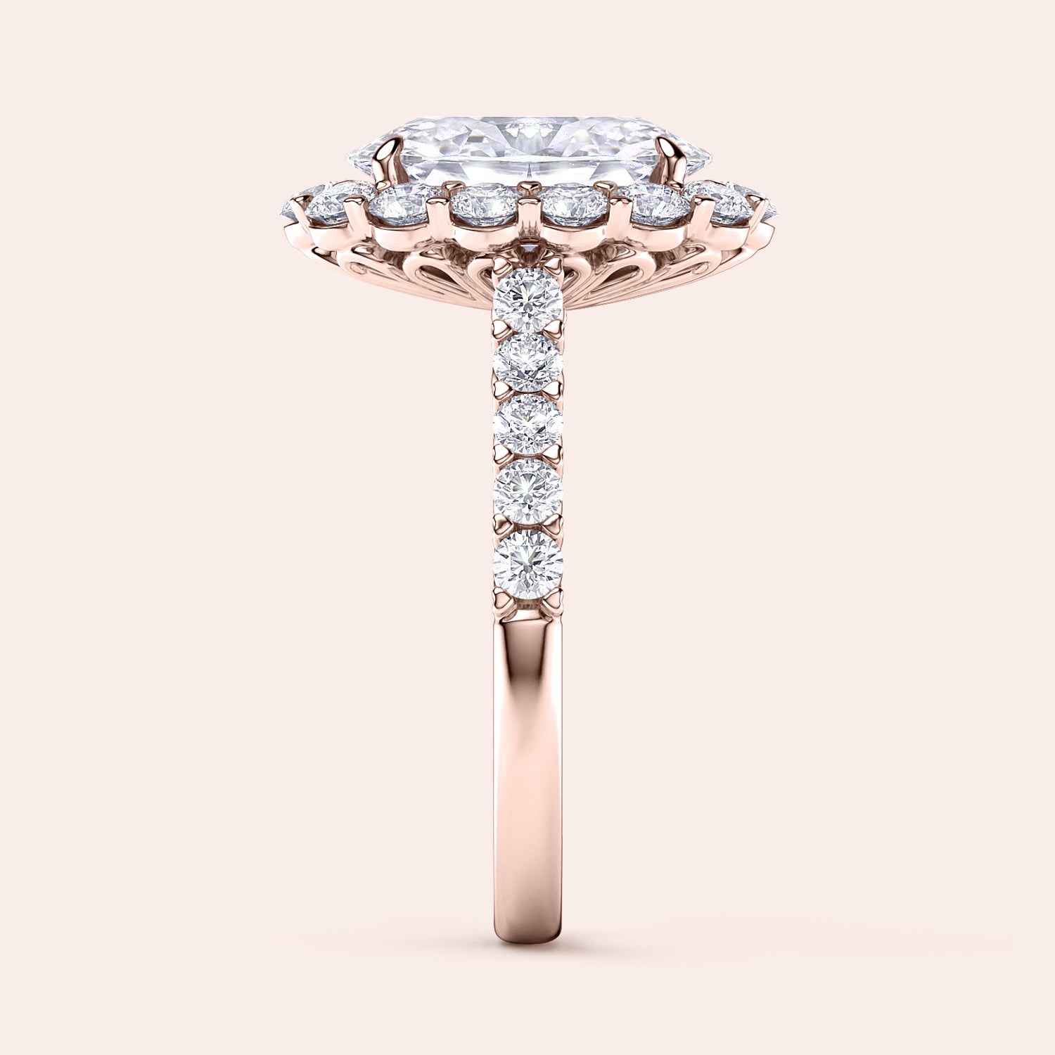 Elegant 14K engagement ring with a radiant cut diamond center, haloed by smaller diamonds on a refined band—perfect for proposals.|



#14KRecycledRoseGold
#18KRecycledRoseGold

