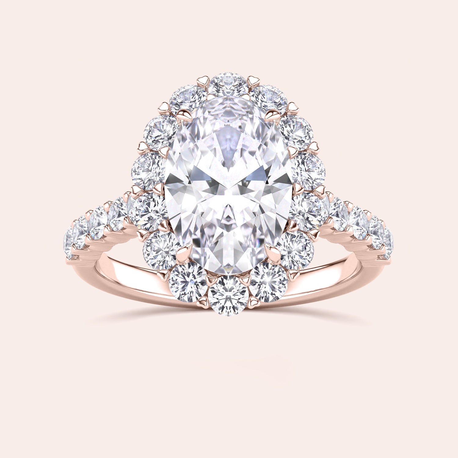 Luxurious oval-cut diamond halo ring in 14K or 18K rose gold or platinum, featuring a stunning array of round diamonds.|



#14KRecycledRoseGold
#18KRecycledRoseGold


