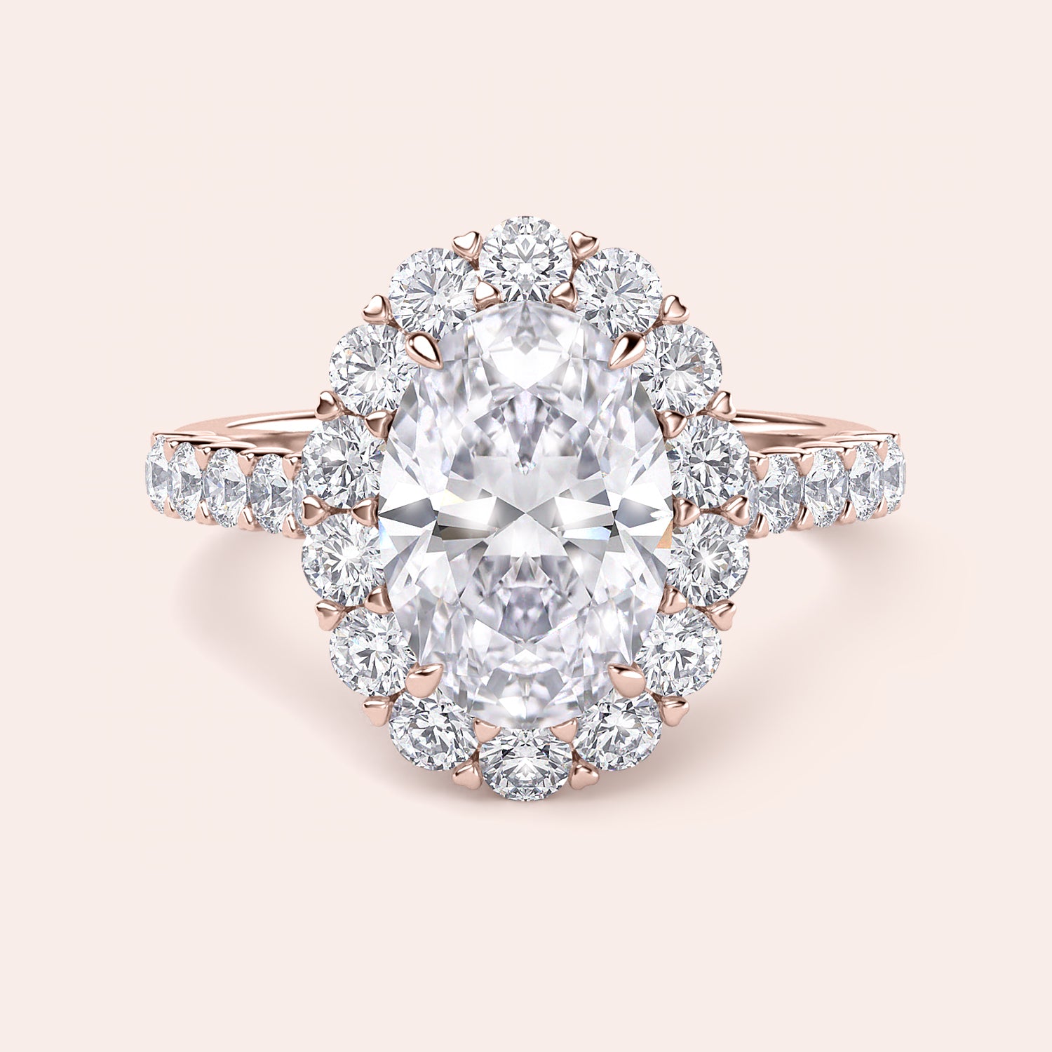 14K and 18K gold oval-shaped diamond halo engagement ring with round diamonds framing the center gem, exuding elegance.|



#14KRecycledRoseGold
#18KRecycledRoseGold

