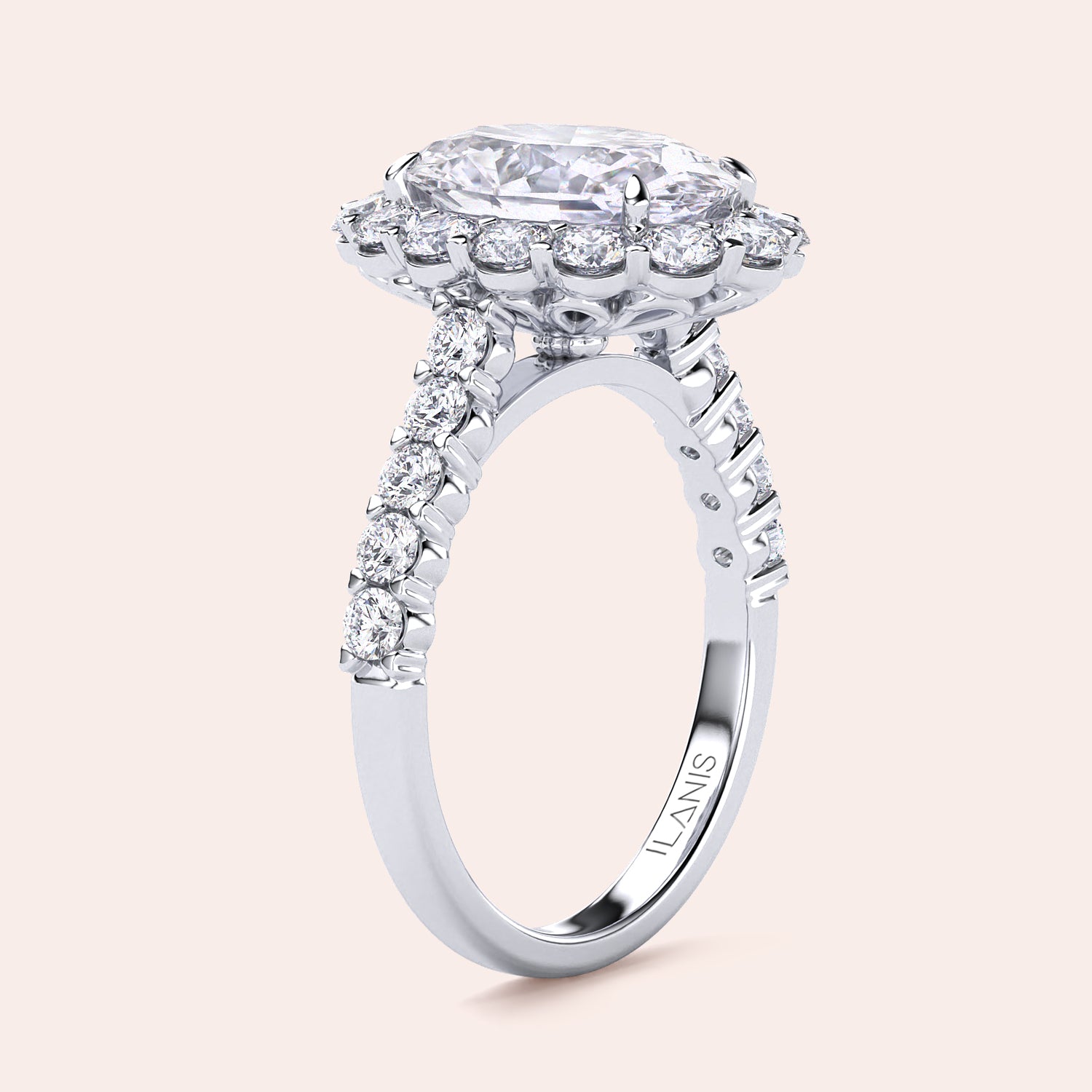 Stunning oval diamond engagement ring in 14K or 18K gold or platinum, featuring a halo design and additional diamonds on the band.|

#14KRecycledWhiteGold
#18KRecycledWhiteGold
#Platinum






