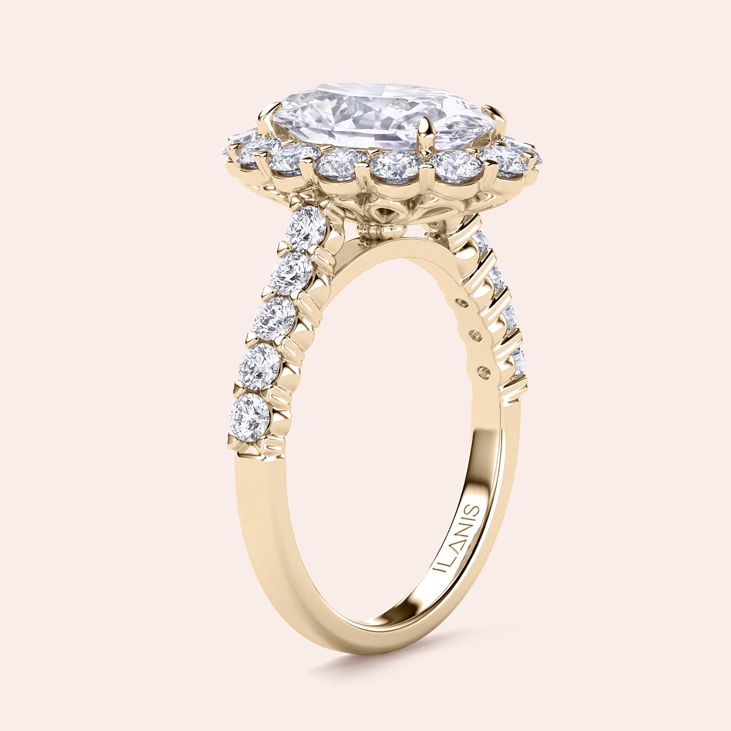 Elegant oval diamond engagement ring in halo setting with side stones, available in 14K, 18K gold, or platinum. Close-up view.|





#14KRecycledYellowGold 
#18KRecycledYellowGold 