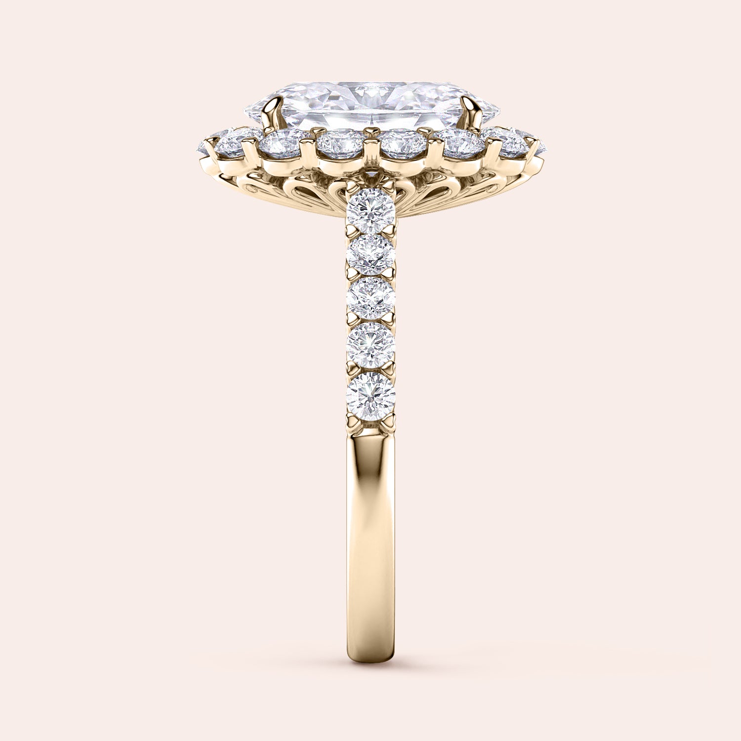 Elegant engagement ring with radiant-cut diamond, set in 14K or 18K yellow gold band, enhanced by sparkling round diamond halo.|





#14KRecycledYellowGold 
#18KRecycledYellowGold 