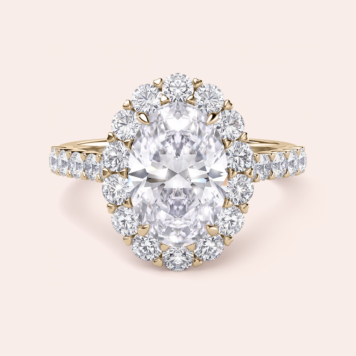 Elegant oval diamond ring with a stunning oval diamond center, set in 14K or 18K gold or platinum, complete with a diamond halo.
