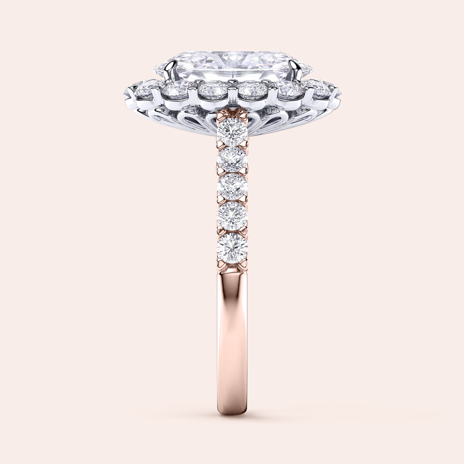 Two-tone 14K rose and white gold oval diamond ring with halo and pave band, perfect for engagement or weddings. |
#14KRecycledRose/WhiteGold
#18KRecycledRose/WhiteGold