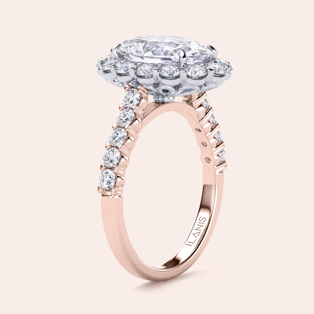 Two-tone 14K rose and white gold diamond ring with oval-cut stone, perfect for engagement or wedding. 