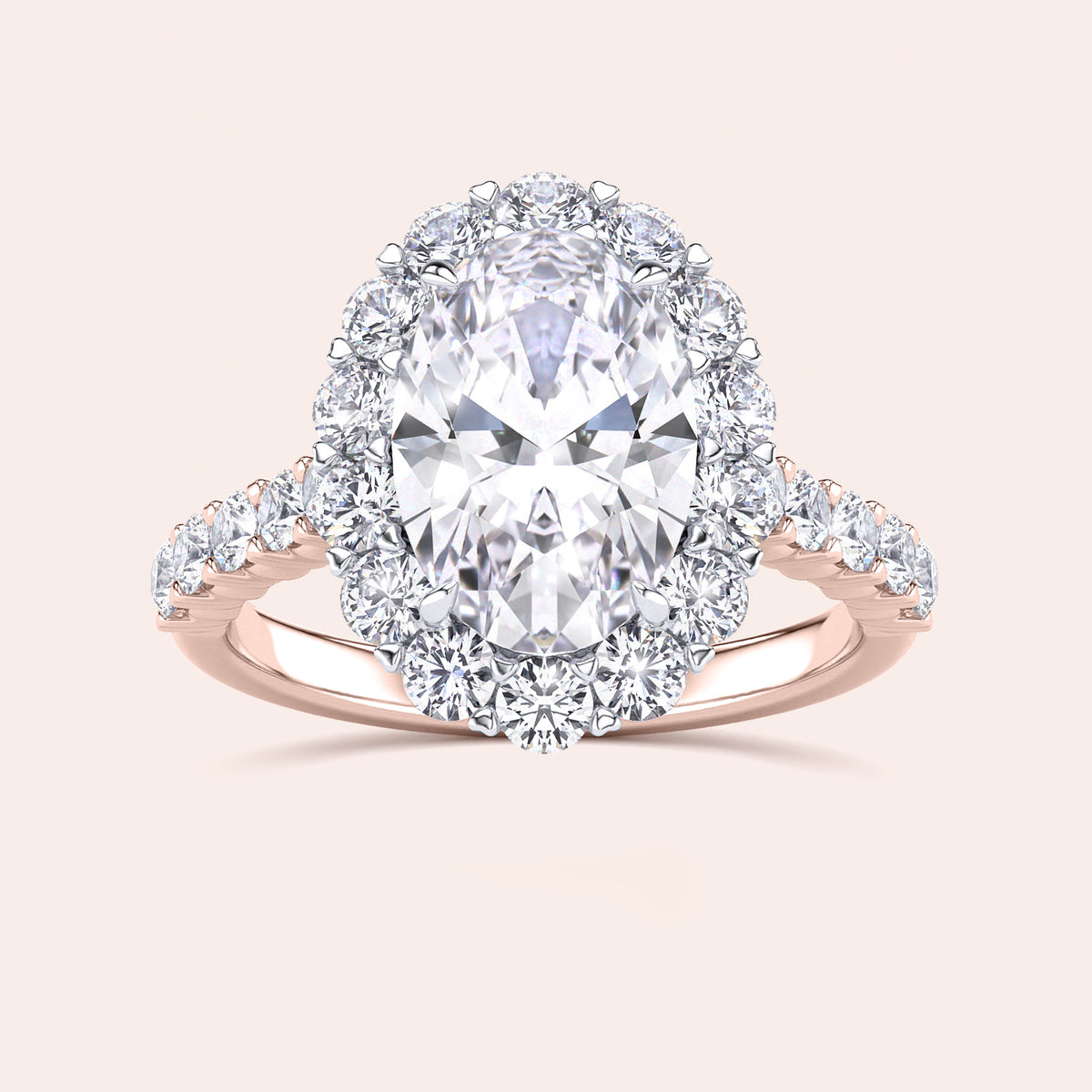 Two-tone 14K rose and white gold oval diamond ring with halo and pave band, stunning engagement jewelry design. 