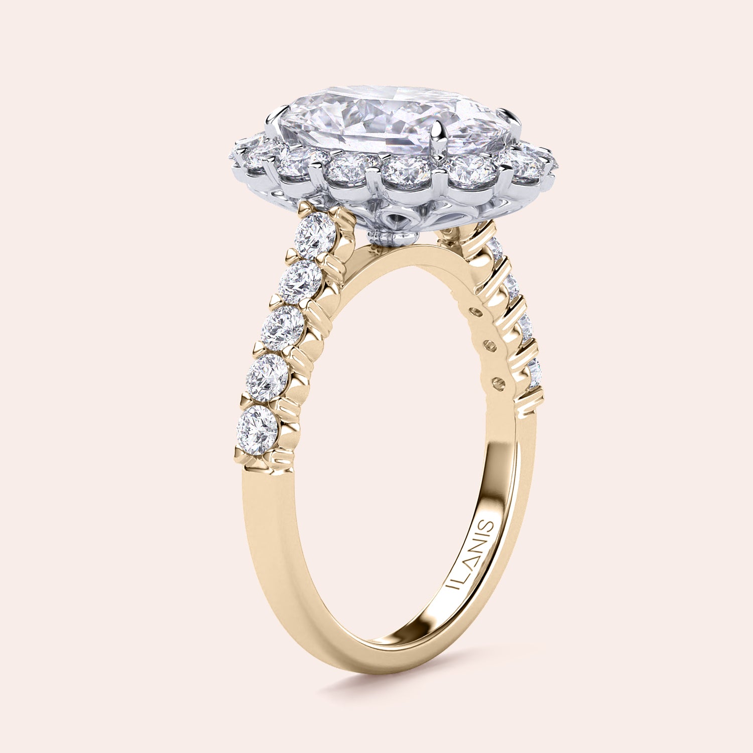 Two-tone 18K oval diamond engagement ring with halo and pave band in yellow and white gold, showcasing exquisite craftsmanship. |
#14KRecycledYellow/WhiteGold
#18KRecycledYellow/WhiteGold 