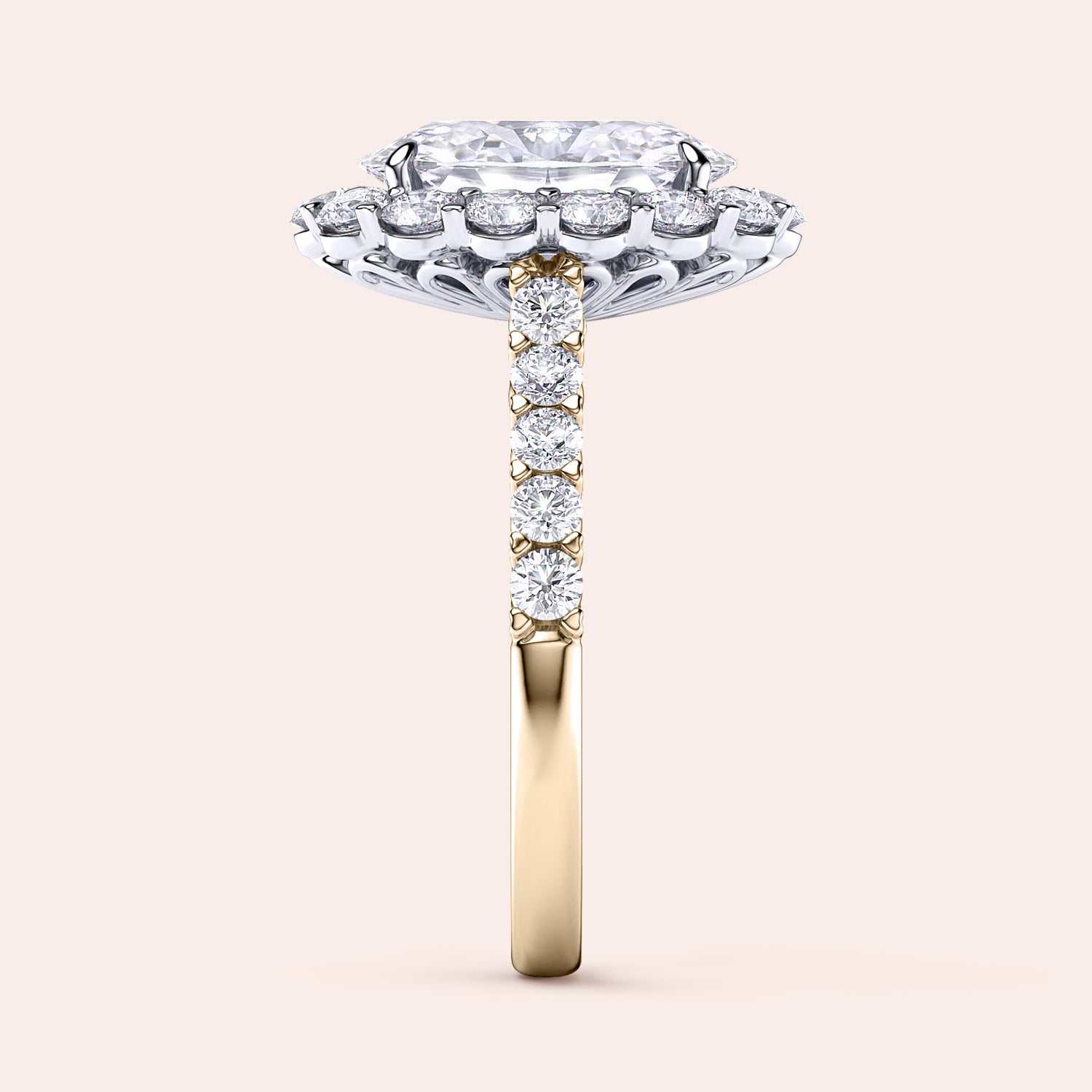 Two-tone 14K gold diamond ring featuring an oval cut stone with halo and pave band, perfect for engagement. |
#14KRecycledYellow/WhiteGold
#18KRecycledYellow/WhiteGold 