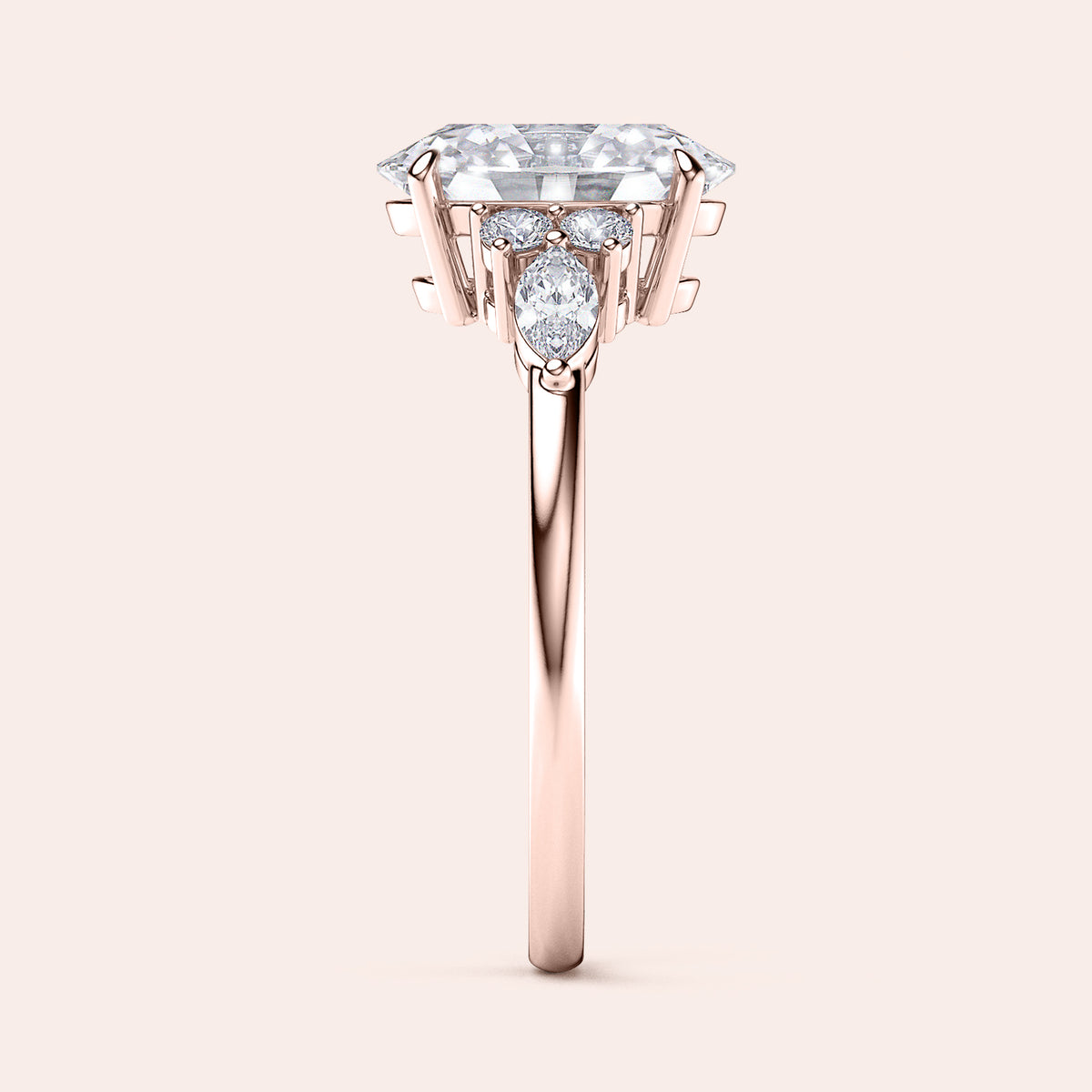 Elegant rectangular diamond engagement ring in 14K or 18K gold or platinum, showcasing intricate side details and a refined band.