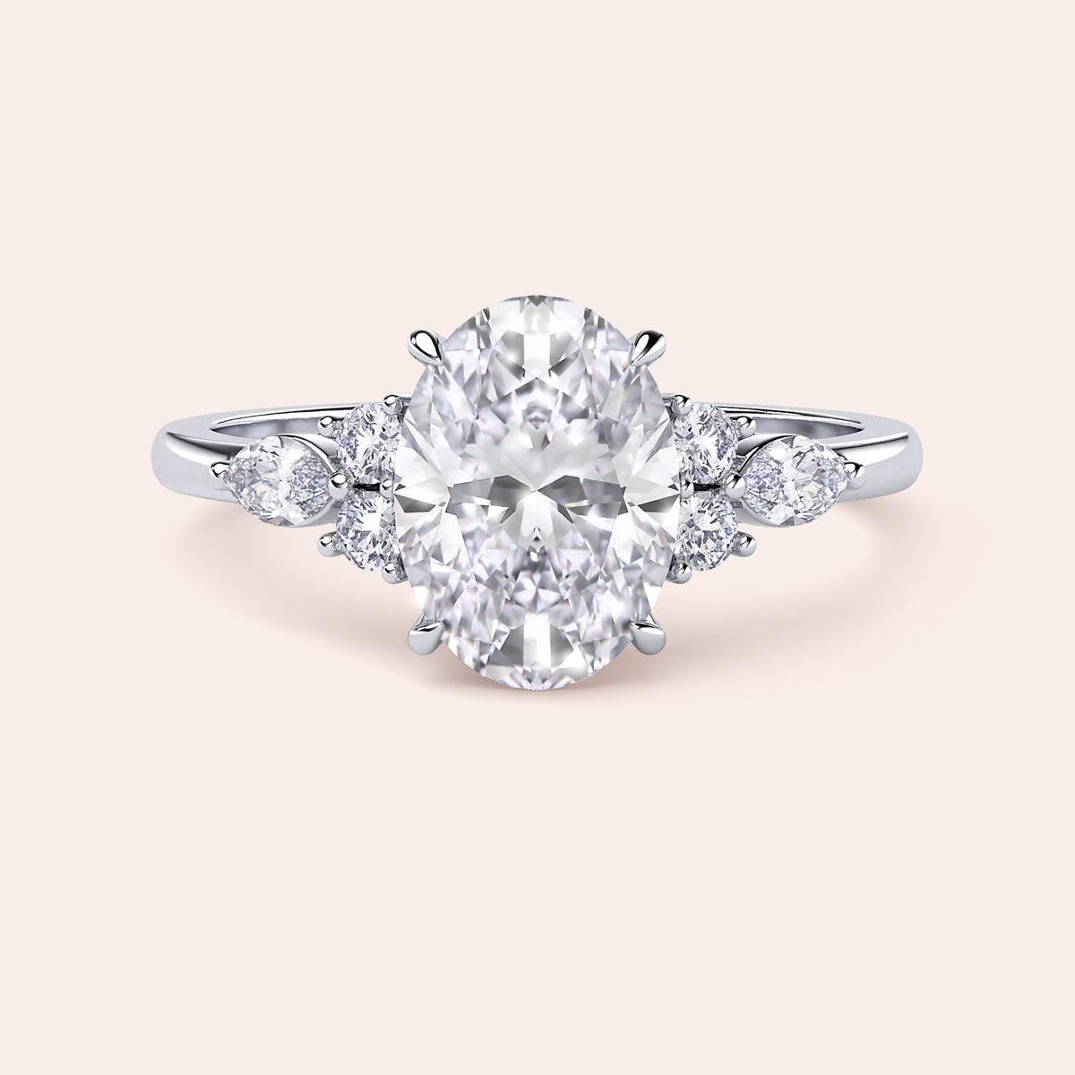 Elegant oval-shaped diamond engagement ring in polished 14K, 18K, or platinum band with stunning center diamond and side stones.