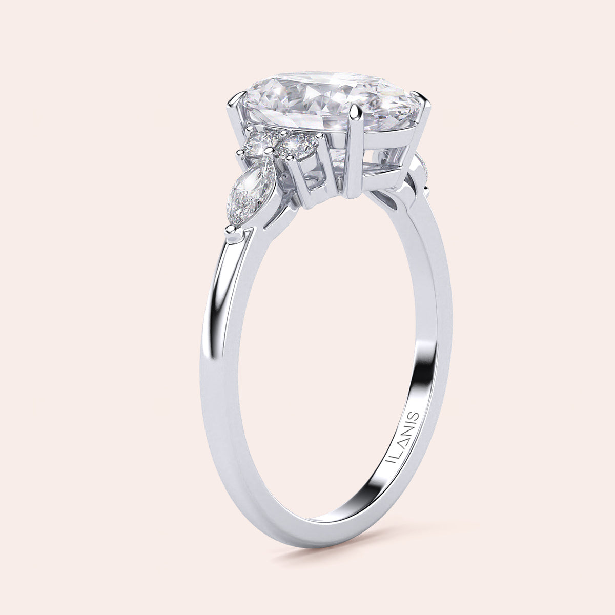Opal-shaped diamond ring in 14K/18K gold or platinum, with marquise and round accent diamonds, perfect for engagements.