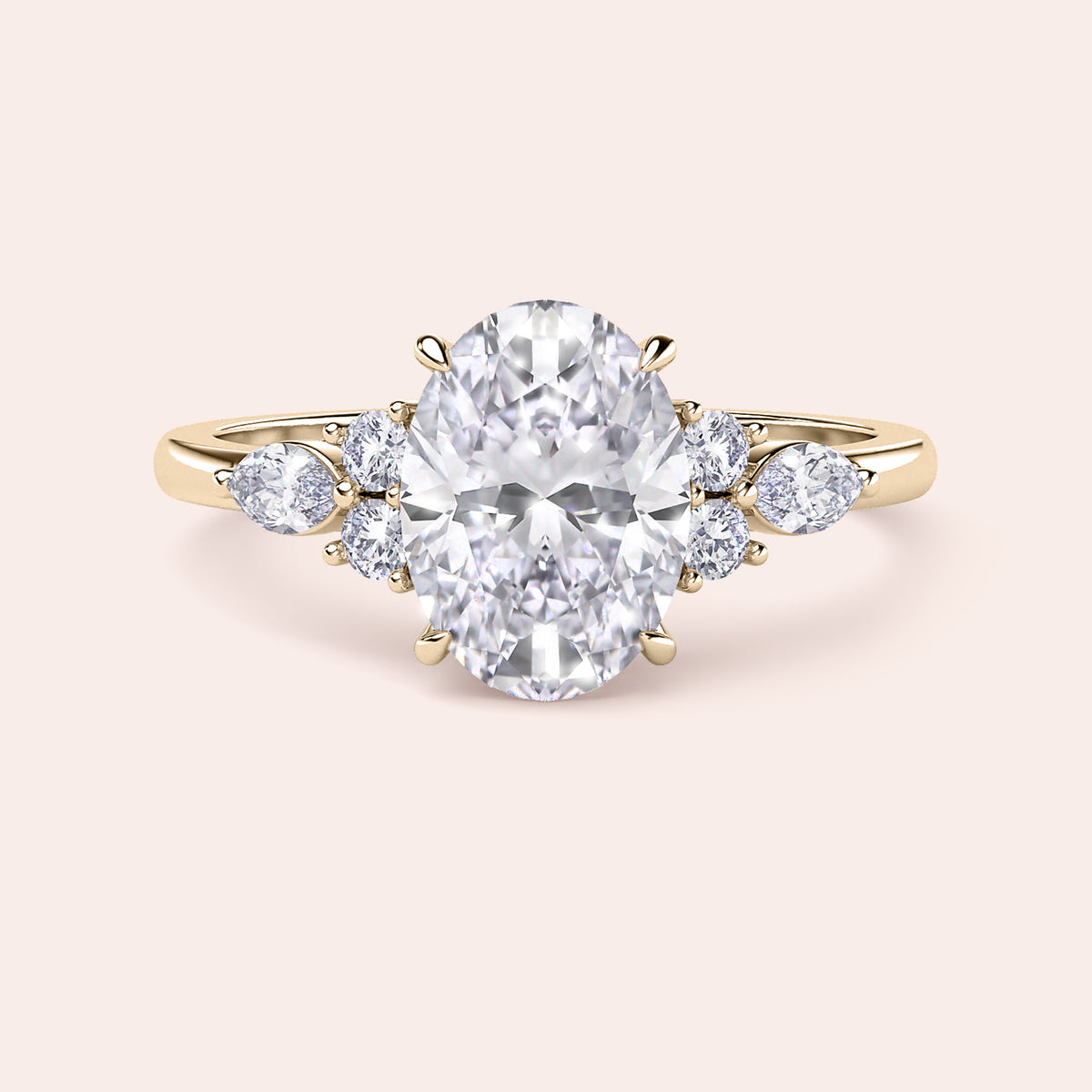 Luxurious 14K/18K gold or platinum diamond engagement ring with an oval diamond centerpiece and side diamonds, exemplifying fine craftsmanship.