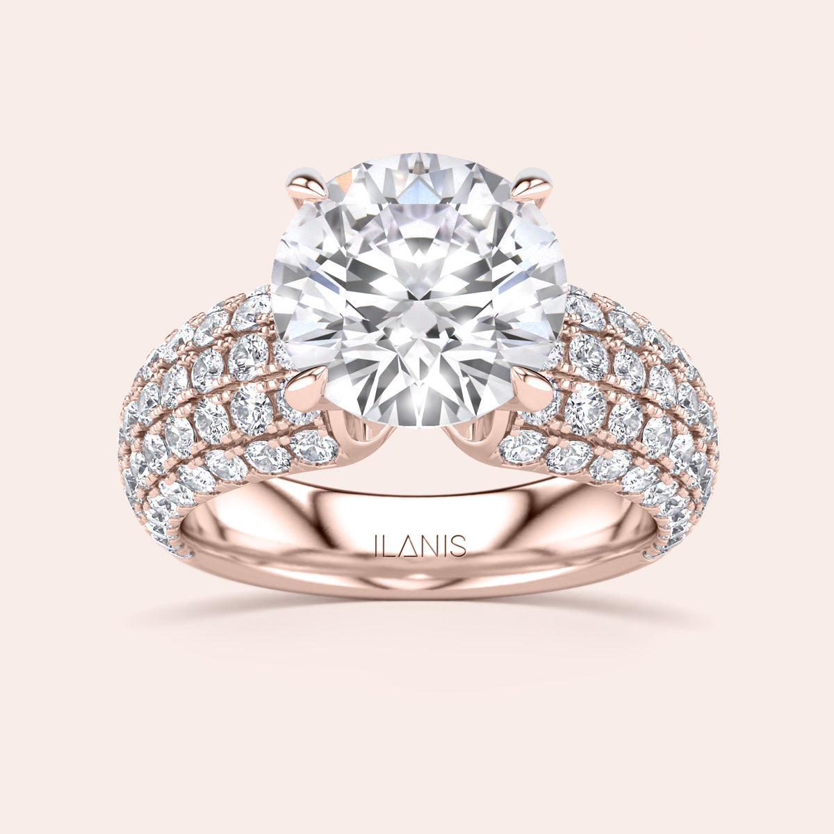Elegant rose gold ring with a round-cut diamond and pave band, available in 14K, 18K, or platinum. Perfect for any occasion.