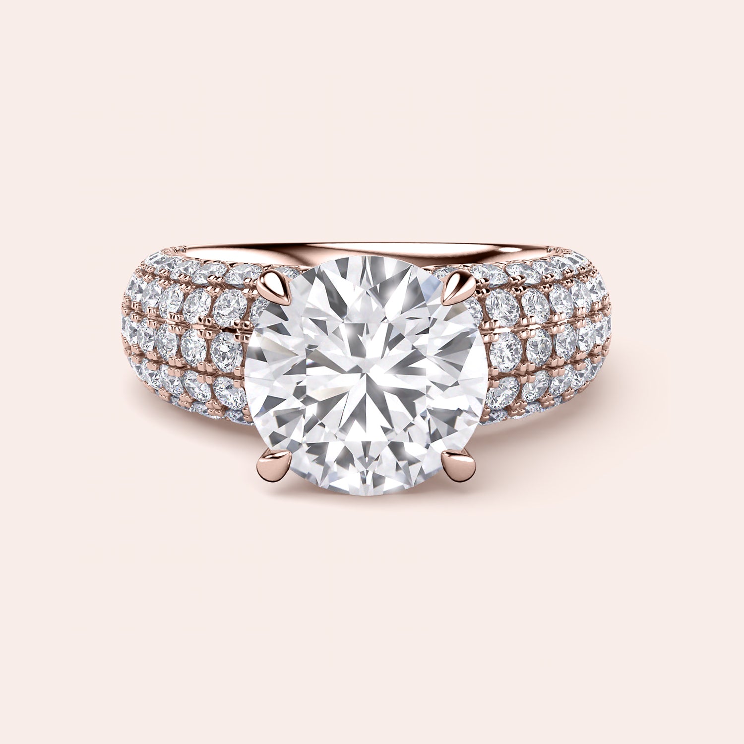Luxurious 14K rose gold ring with stunning round-cut diamond and pavé-set diamonds on the band.|



#14KRecycledRoseGold
#18KRecycledRoseGold

