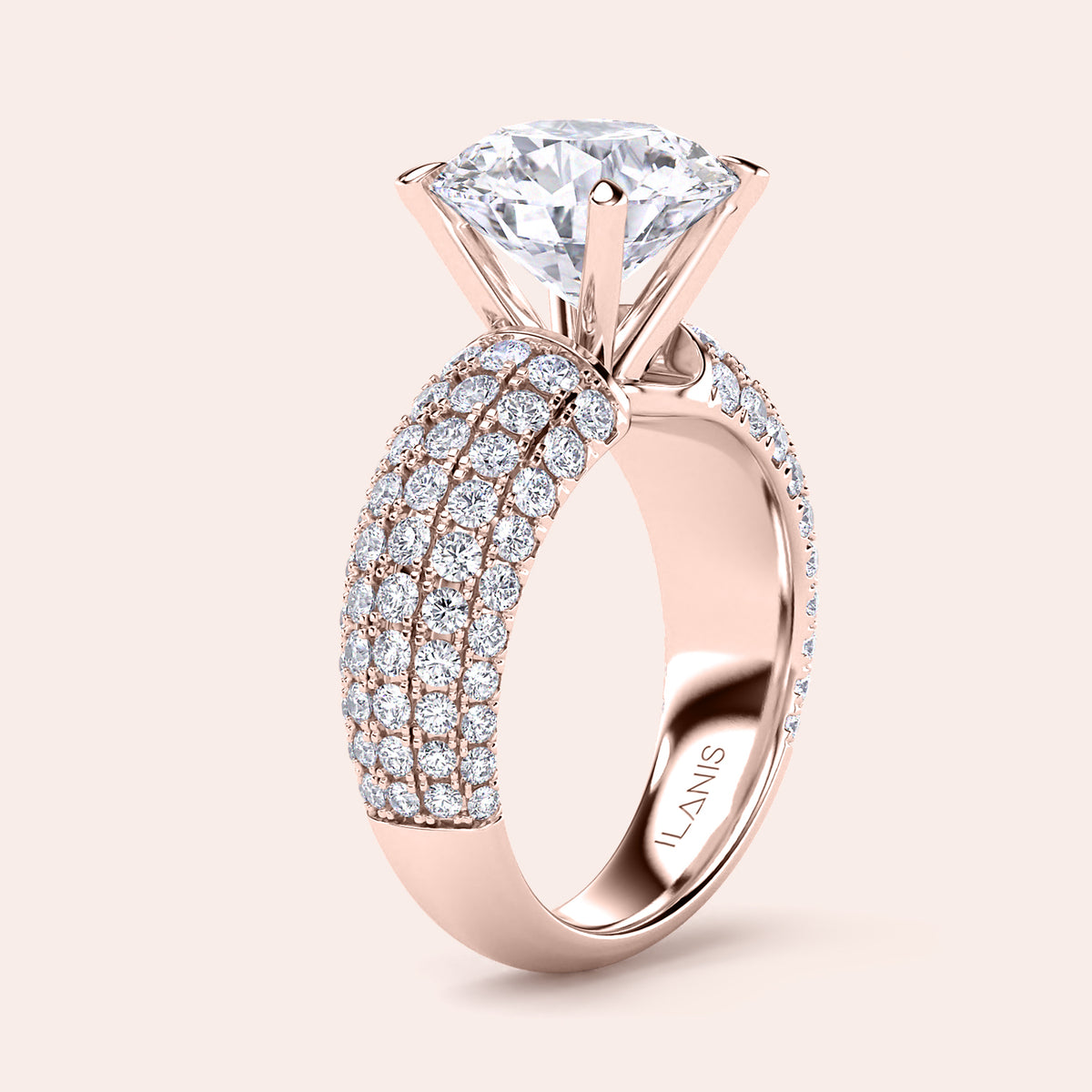 Elegant cushion-cut diamond engagement ring with a pavé band in 14K, 18K gold, or platinum setting, perfect for treasures.