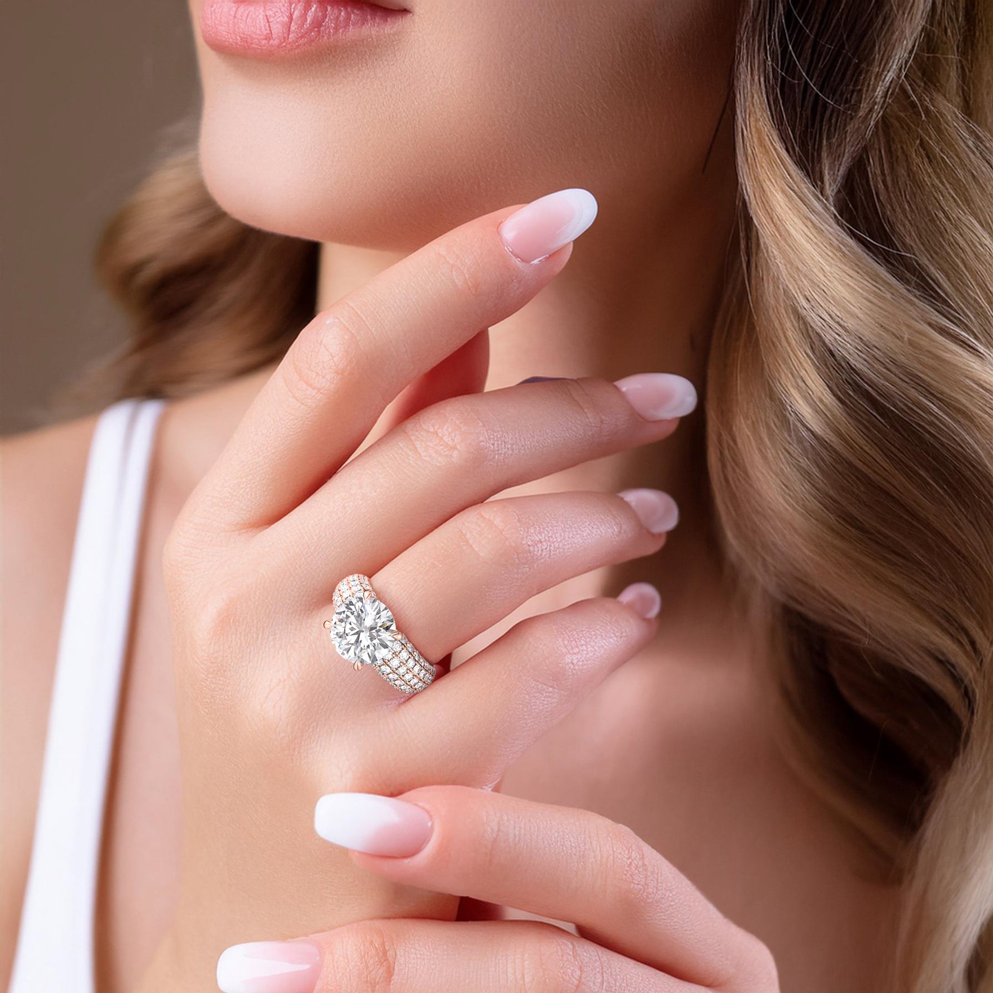 Elegant engagement ring with round diamond, set in 14K, 18K gold, or platinum, showcasing timeless luxury on a model's hand.|


#14KRecycledRoseGold
#18KRecycledRoseGold

