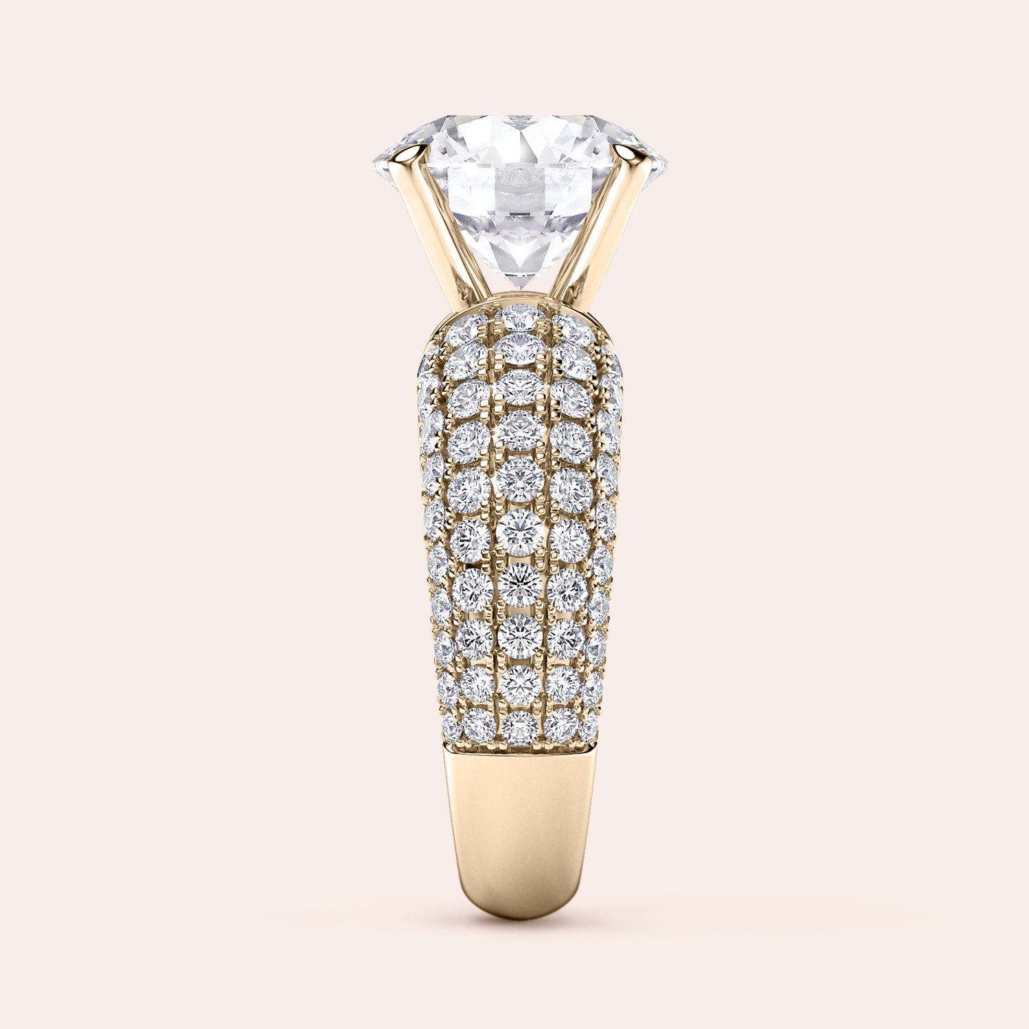 Luxurious round diamond ring in 14K or 18K gold or platinum, featuring an oval-cut diamond solitaire and smaller diamonds on the band.|

#14KRecycledYellowGold 
#18KRecycledYellowGold 