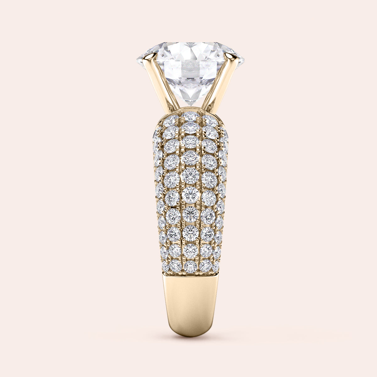 Luxurious round diamond ring in 14K or 18K gold or platinum, featuring an oval-cut diamond solitaire and smaller diamonds on the band.
