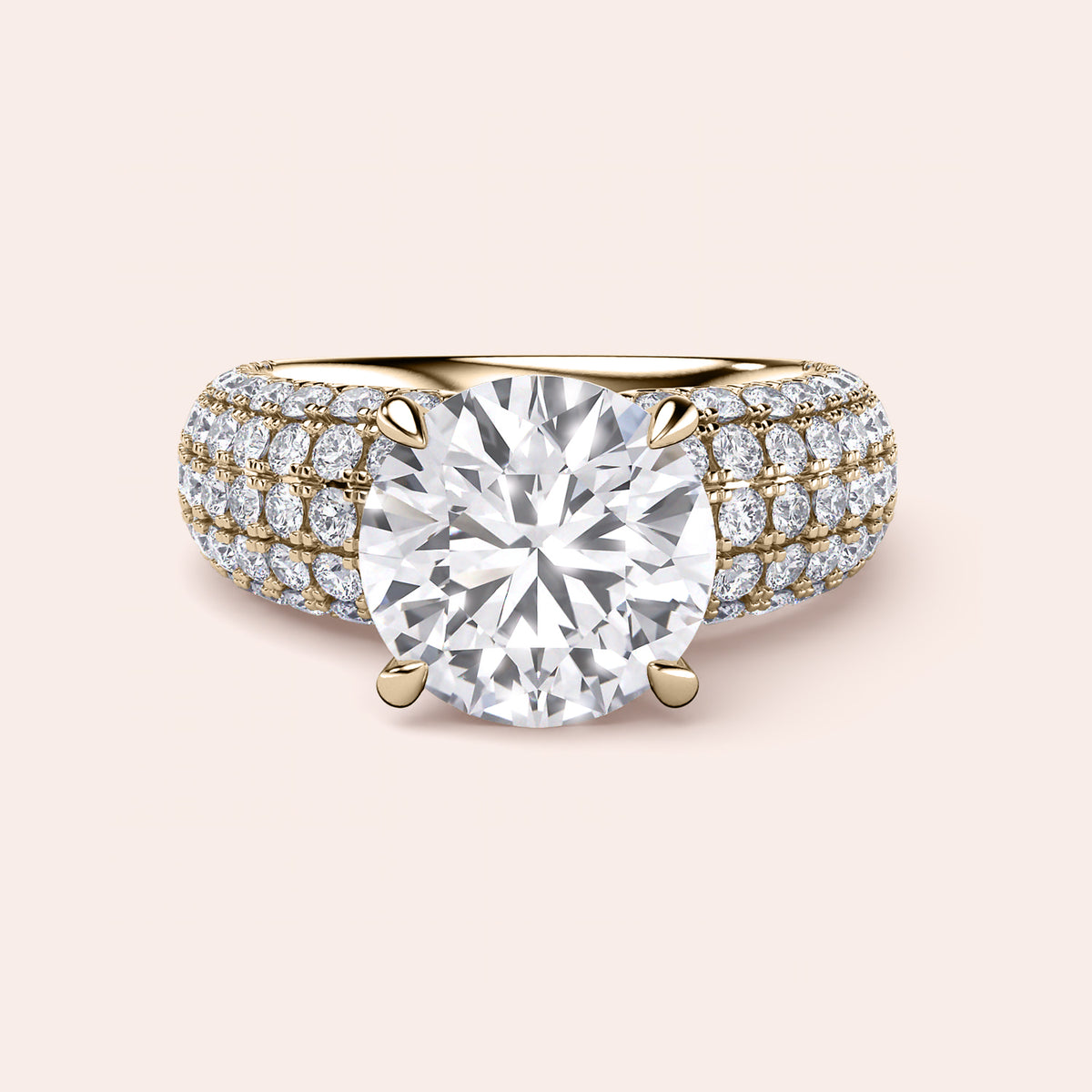 Luxurious 14K and 18K gold engagement ring with a large round diamond and three rows of smaller diamonds on a wide band.