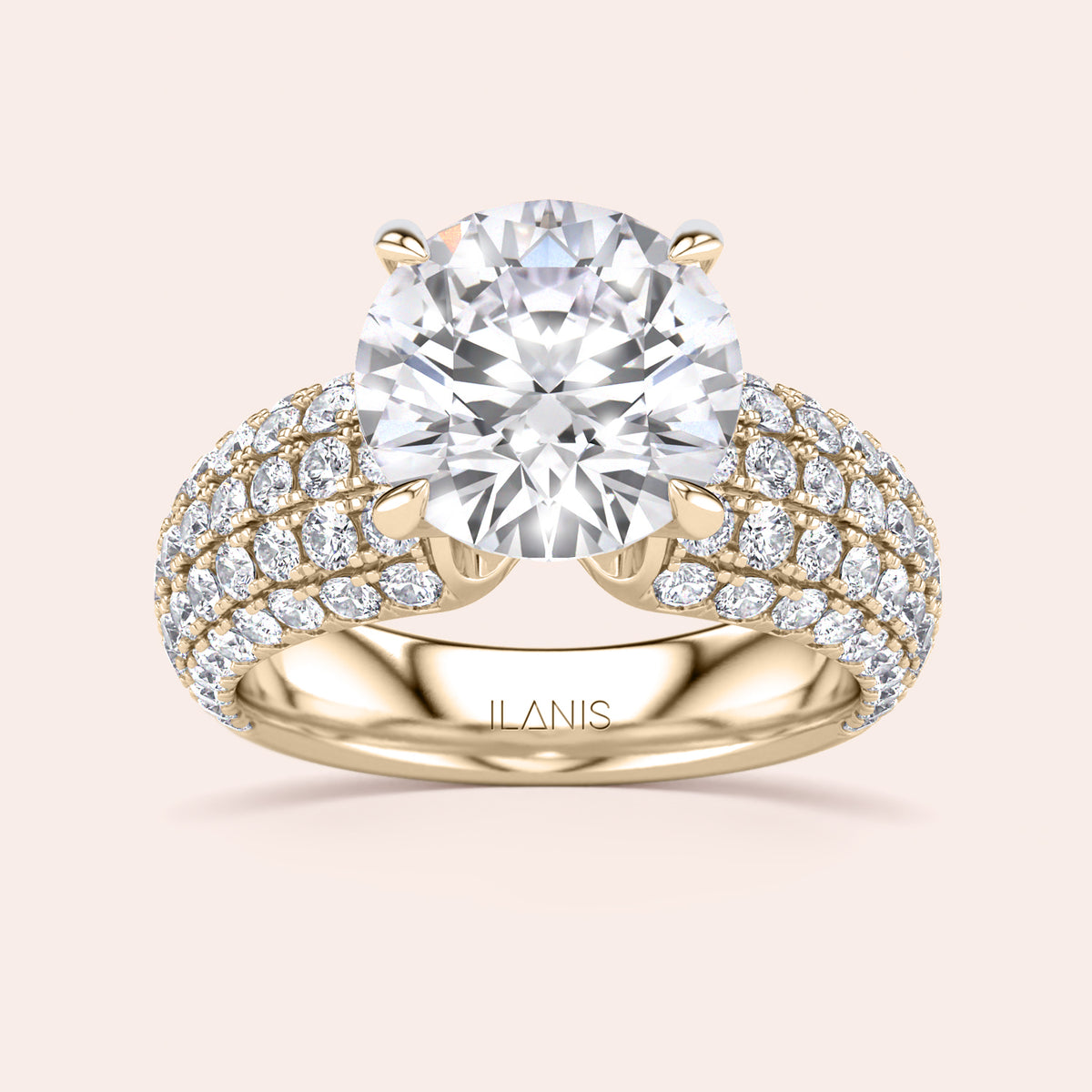 Elegant round-cut diamond ring in yellow gold with side diamonds, available in 14K, 18K, or platinum for a luxurious touch.