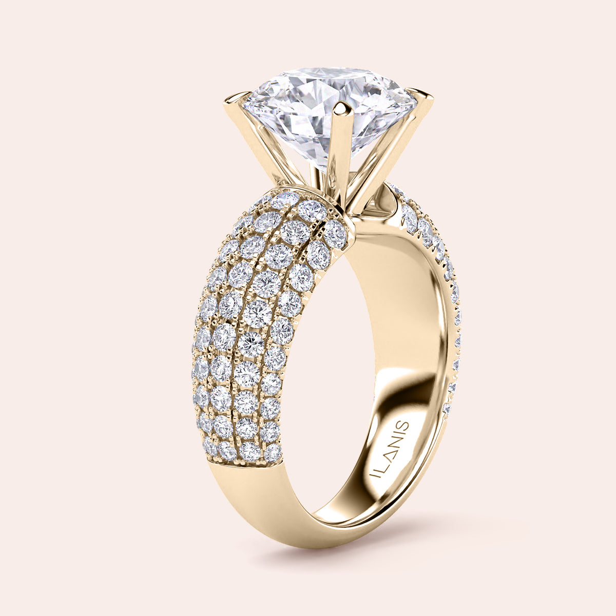 Elegant cushion-cut diamond engagement ring in 14K/18K gold or platinum, with pavé diamonds and exquisite craftsmanship. Not worn on model.