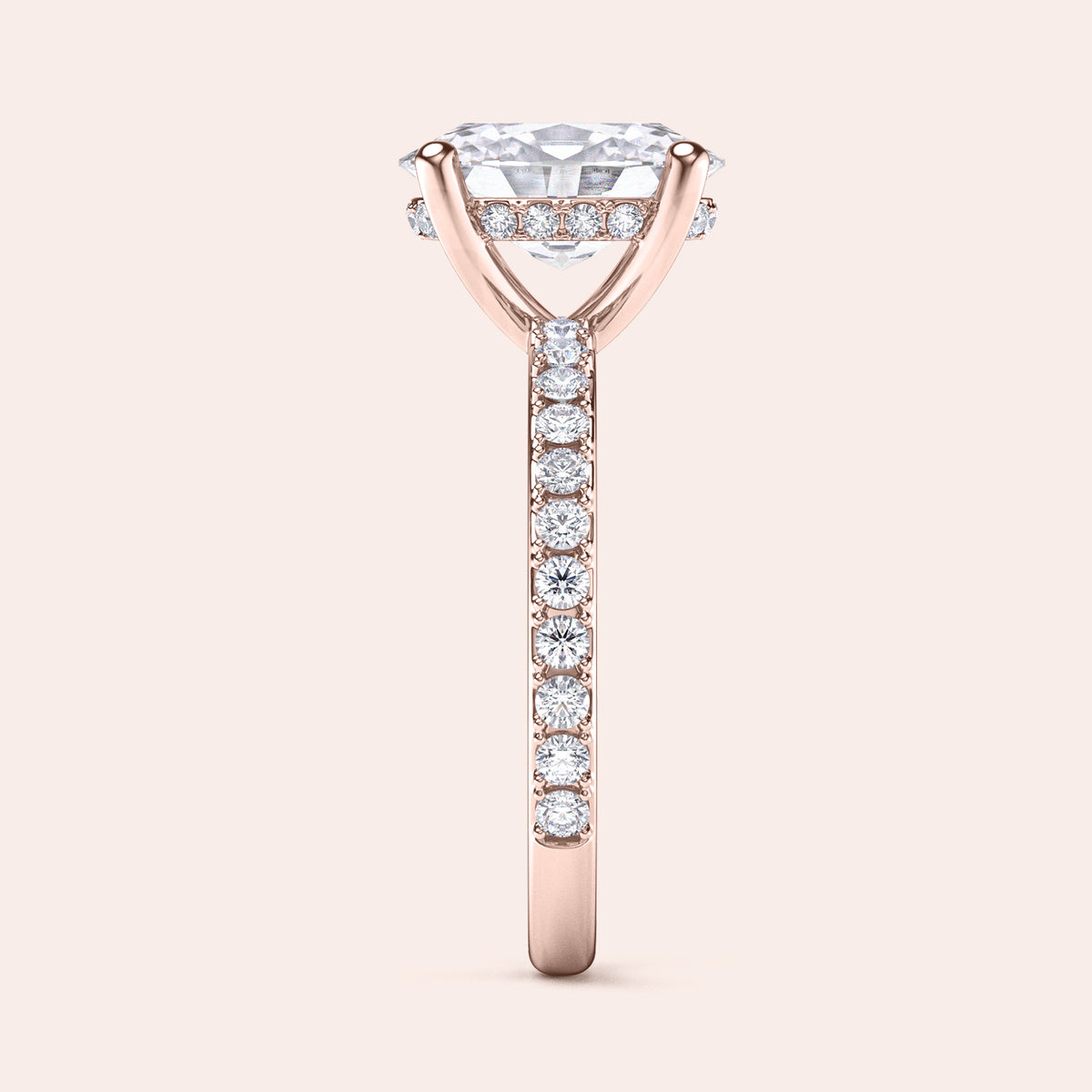 Round brilliant cut diamond solitaire engagement ring in 14K or 18K rose gold or platinum, featuring a stunning diamond-adorned band.