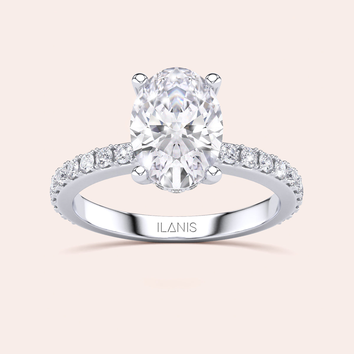 Elegant oval diamond engagement ring in 14K/18K gold or platinum, adorned with a delicate row of smaller diamonds on the band.