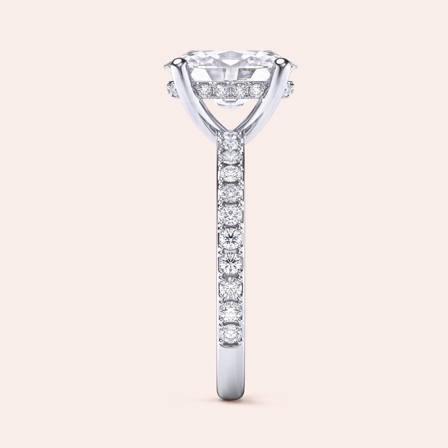 Elegant engagement ring with a radiant round diamond and pave band, available in 14K/18K gold or platinum, set against a neutral background.|

#14KRecycledWhiteGold
#18KRecycledWhiteGold
#Platinum






