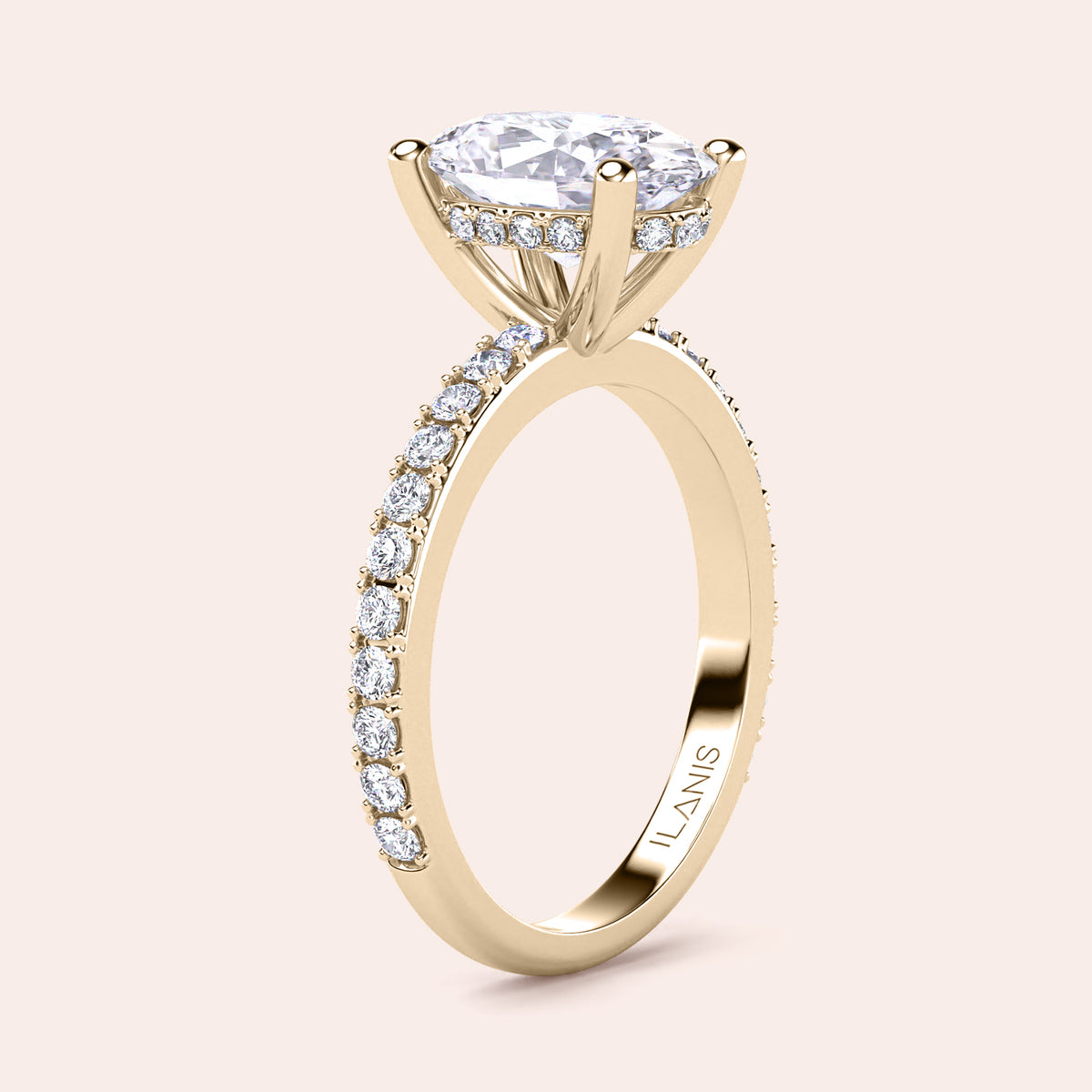 Elegant oval diamond engagement ring in 14K gold, featuring a sparkling diamond band and a prominent solitaire setting.