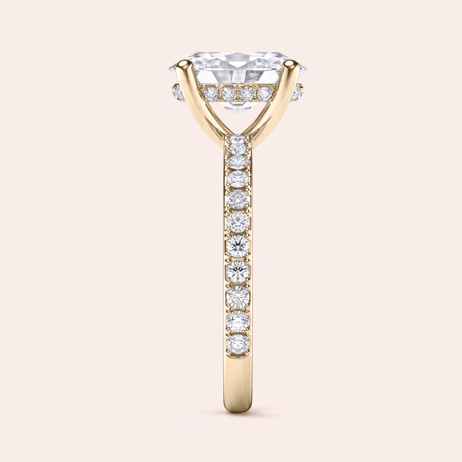 Elegant engagement ring in 14K yellow gold, featuring a cushion-cut diamond and pavé band for extra sparkle.|

#14KRecycledYellowGold 
#18KRecycledYellowGold 