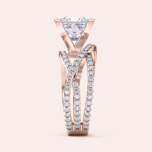 Elegant  princess cut diamond ring in a crossover design, crafted in 14K/18K gold or platinum with sparkling pavé-set diamonds.