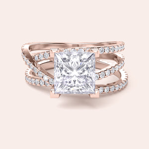 Rose gold engagement ring with a radiant-cut diamond and three rows of small diamonds in 14K, 18K, or platinum settings.